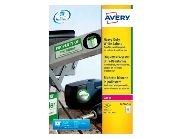 Avery Etiquetas Adhesivas Poliester Blanco Resistente 99,1x42,3 mm Caja de 240 unidades Avery Etiquetas Adhesivas Poliester Blanco Resistente 99,1x42,3 mm Caja de 240 unidades