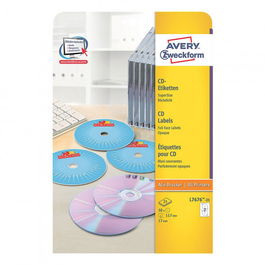 Avery L7676-25 Paquete 25 Hojas (50 Etiquetas) para CD/DVD Full-Face No Touch Blancas, Impresoras Láser, 117 mm Diámetro