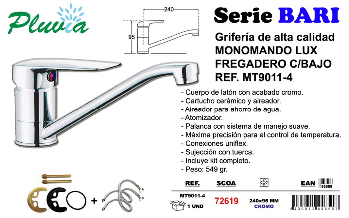 PLUVIA BARI Grifo Monomando Lux para Fregadero Caño Recto MT9011-4