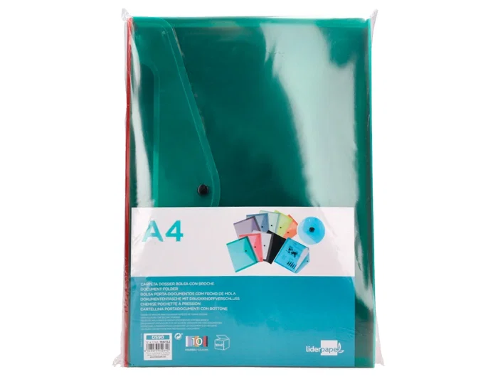 Liderpapel Carpeta Dossier con Broche, Transparente, DIN A4, Paquete de 12 Unidades, Colores Surtidos, Polipropileno 180 micras, Capacidad 50 Hojas