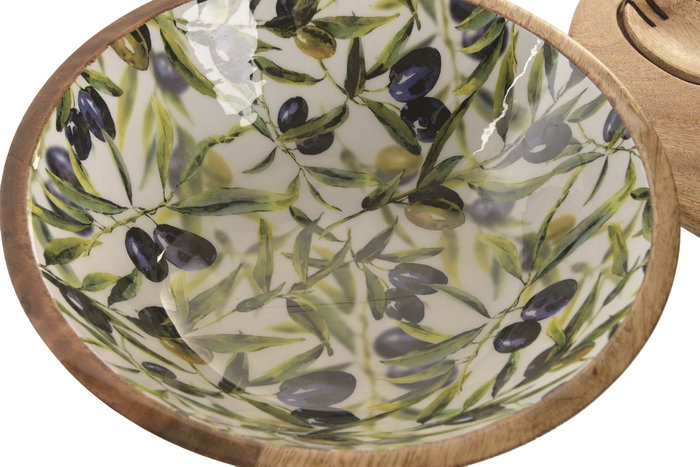 DKD Home Decor Set de 3 Ensaladeras Olivo Verde y Natural con Mango y Resina