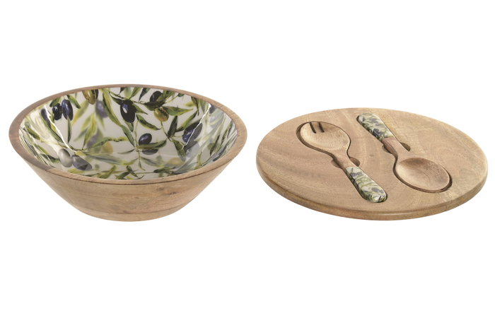 DKD Home Decor Set de 3 Ensaladeras Olivo Verde y Natural con Mango y Resina