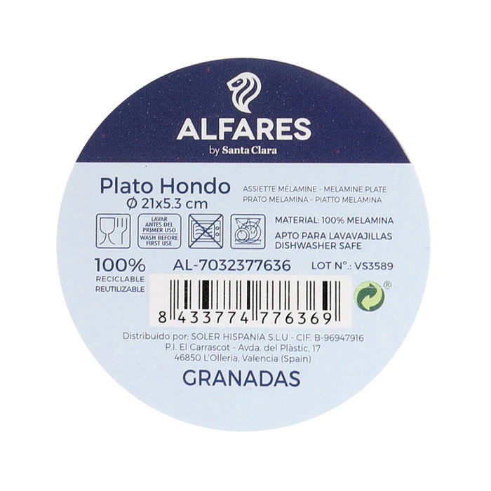 Alfares Plato Hondo Granadas Melamine 21 cm de Diámetro x 5.3 cm de Alto (24 Unidades)