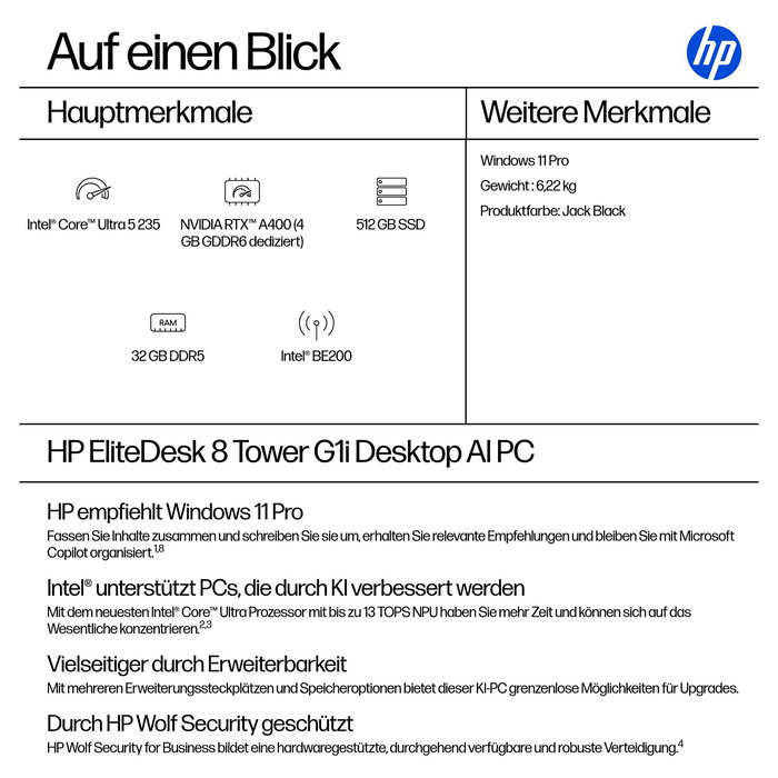 HP EliteDesk 8 TWR G1i CU5-235 PC de sobremesa 32GB RAM 512GB SSD NVIDIA RTX A4000 Windows 11 Pro WLAN