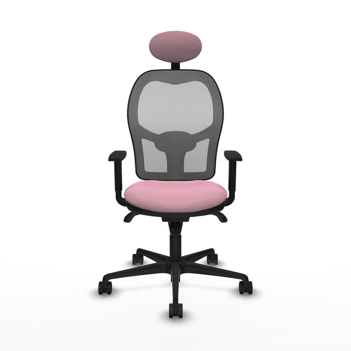 Silla de oficina Jorquera con mecanismo Sincro tapizada con Tela color Rosa y malla color Gris. Equipada con lumbar 1D, Brazos 1D, Cabecero Fijo y Ruedas 65mm nailon