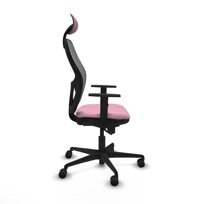 Silla de oficina Jorquera con mecanismo Sincro tapizada con Tela color Rosa y malla color Gris. Equipada con lumbar 1D, Brazos 1D, Cabecero Fijo y Ruedas 65mm nailon