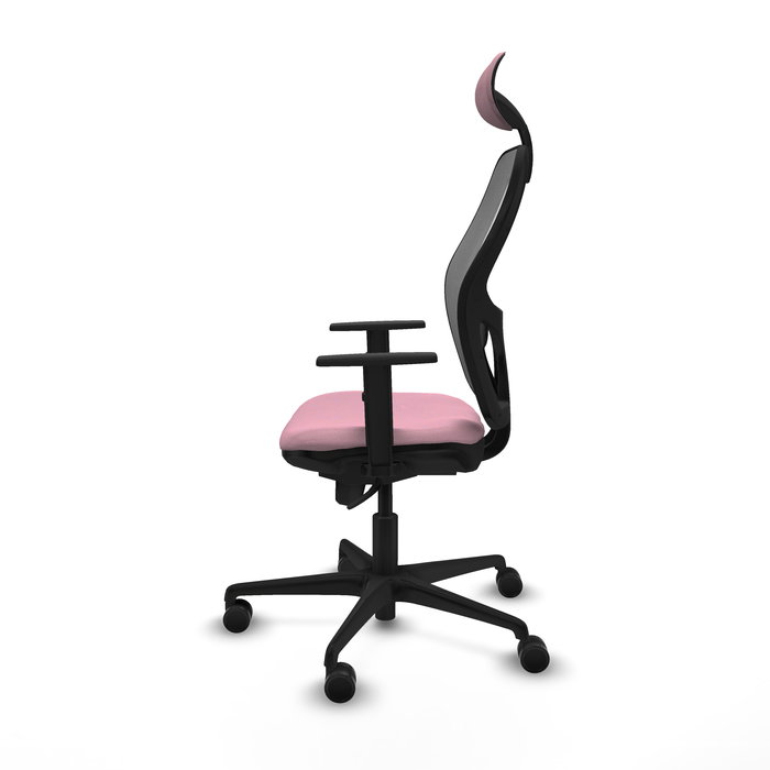 Silla de oficina Jorquera con mecanismo Sincro tapizada con Tela color Rosa y malla color Gris. Equipada con lumbar 1D, Brazos 1D, Cabecero Fijo y Ruedas 65mm nailon