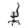 Silla de oficina Jorquera con mecanismo Sincro tapizada con Tela color Rosa y malla color Gris. Equipada con lumbar 1D, Brazos 1D, Cabecero Fijo y Ruedas 65mm nailon