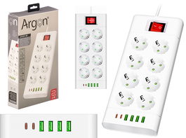 Argon Regleta Multifuncional 6 Enchufes con Interruptor, 2500W, Color Blanco, Dimensiones 28.5x18x5 cm (Set de 8)
