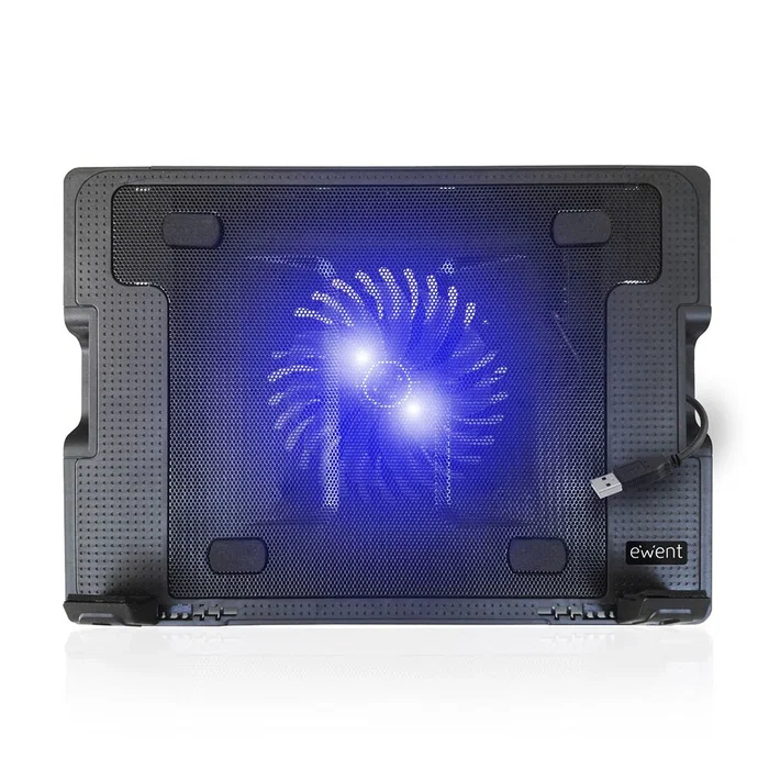 Ewent EW1258 Base de Enfriamiento y Soporte Plegable para Portátil Hasta 17", con 1 Ventilador Silencioso de 1000 RPM y 2 Puertos USB, Color Negro