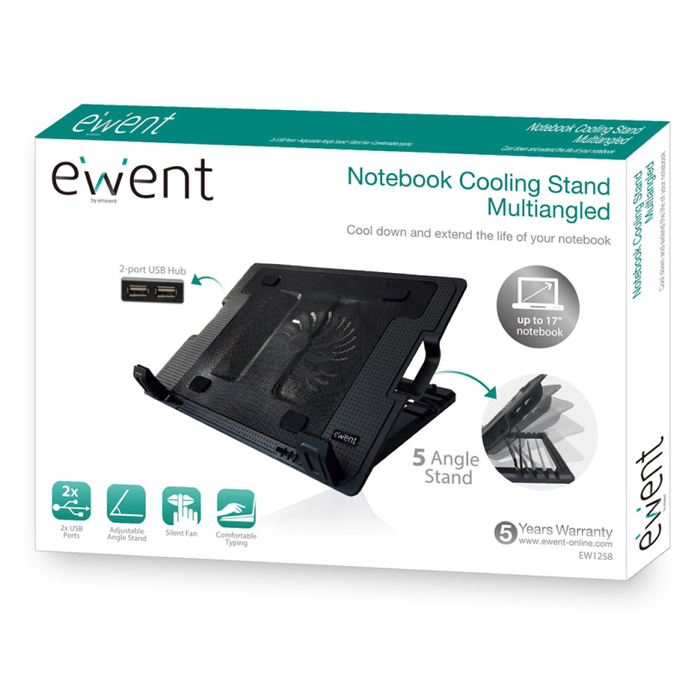 Ewent EW1258 Disipador Portátil para Portátil hasta 17" con 1 Ventilador y 2 Puertos USB
