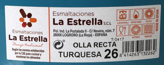 La Estrella Olla Recta con Tapa 26 cm - Turquesa, Capacidad 9.8L, Diámetro 26 cm x Alto 16.6 cm, Acero Esmaltado (4 Unidades)