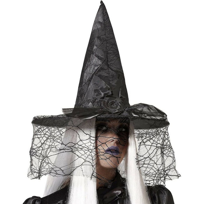 Atosa Sombrero De Bruja Negro Con Velo Y Rosa En Tul Atosa Sombrero De Bruja Negro Con Velo Y Rosa En Tul