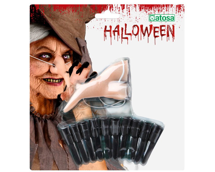 Kit Bruja Nariz Alargada y Uñas Postizas Negro para Disfraz de Halloween Adulto