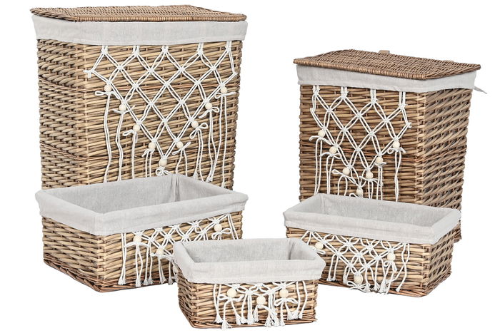 DKD Home Decor Cesta Ropa Shabby Natural Blanco Mimbre Algodon Set de 5 35 x 55 x 47 cm