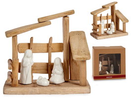 Krist+ Nacimiento Madera 3 Figuras Tejado Recto Pequeño 18x17x8 cm Natural Blanco (Set de 12)