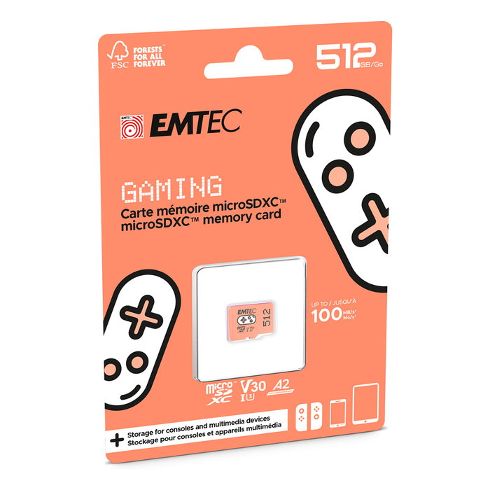 Emtec Gaming Tarjeta MicroSDXC 512 GB, UHS-I U3 V30 A2, Velocidad Lectura 100 MB/s, Naranja - m512GB
