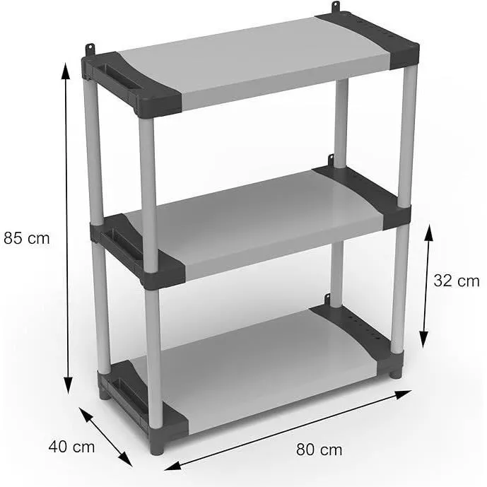 Tood TOO8019053053163 Estante de Plástico con 3 Estantes, Carga 80 kg por Estante, 80x40x85 cm, Negro/Gris