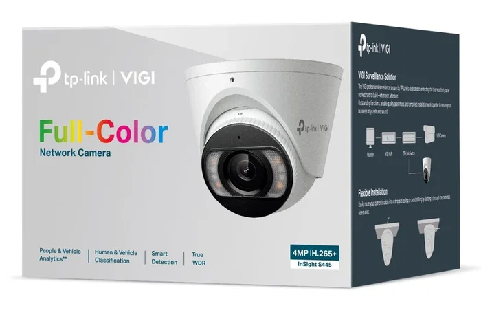 TP-Link VIGI S445 Cámara IP Seguridad Exterior Torreta 4MP Full Color 24/7, Detección Personas/Vehículos, Audio Bidireccional, Visión Nocturna, IP67, H.265+, 4mm, PoE