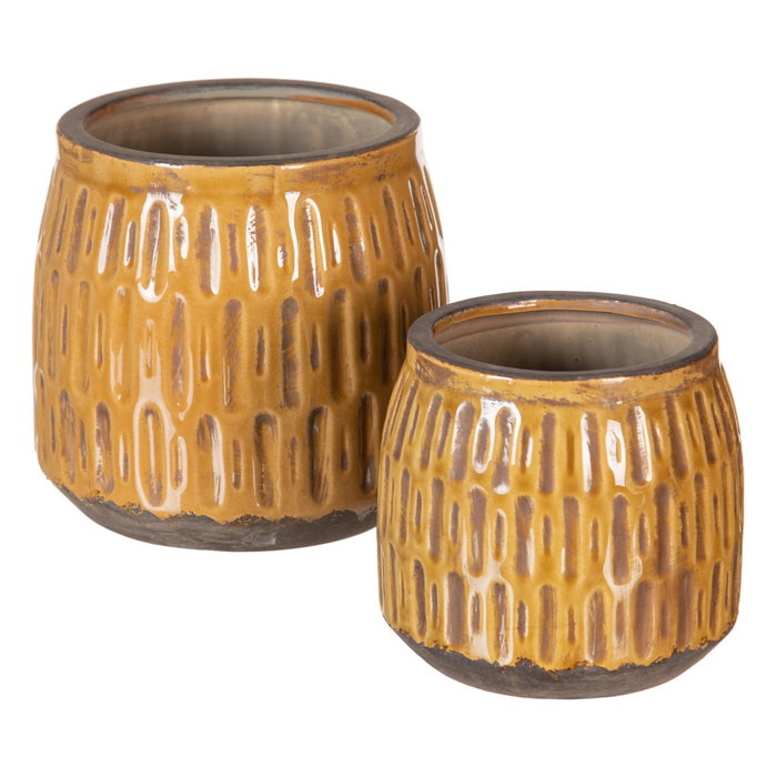 Macetero Mostaza Cerámica Decoración 14 X 14 X 13 cm (Set de 2)