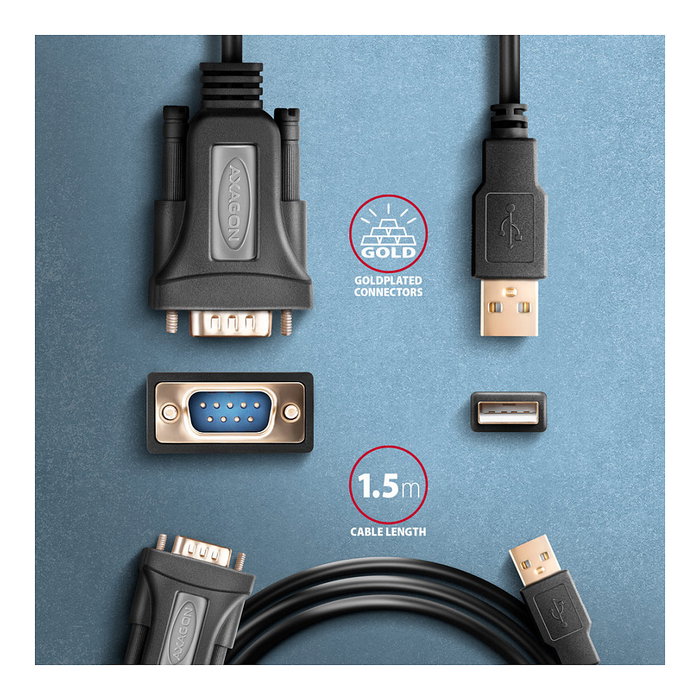 Axagon ADS-1PQN Cable adaptador RS-232 COM-Port a USB 2.0 con chip FT232RL Axagon ADS-1PQN Cable adaptador RS-232 COM-Port a USB 2.0 con chip FT232RL