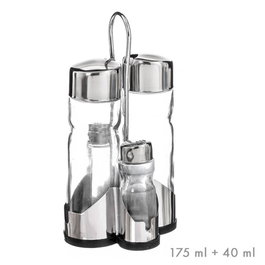 Ovenza Set de aceitera, vinagrera, salero y pimentero de cristal con tapón de acero inoxidable