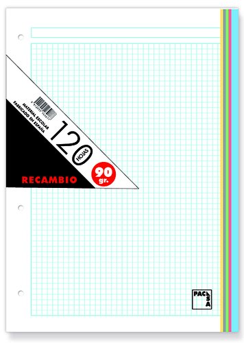 Pacsa Recambio A4 120 Hojas 90g Cuadrícula 5x5 5 Colores