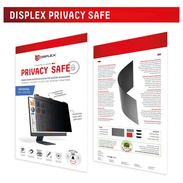 Displex 02087 Filtro de Privacidad Magnético para Monitor 24" 16:10, Antirreflectante y Anti-Luz Azul, Negro