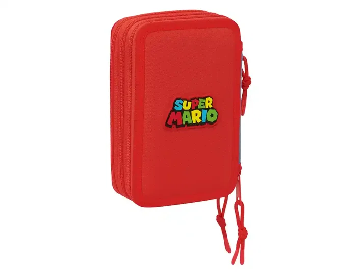 Safta Plumier Escolar Super Mario Triple Cremallera 37 Piezas, Dimensiones 195x125x55 mm