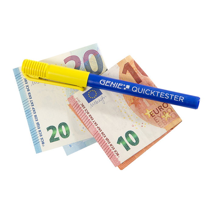 GENIE 11794 Detector de billetes falsos Quicktester, multidivisa, detección por tinta, portátil a batería, azul y amarillo