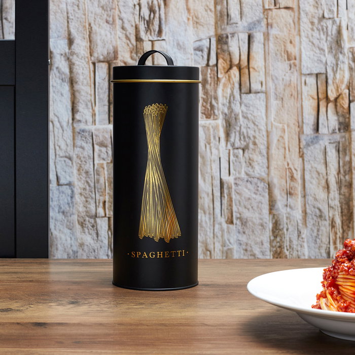 Cook Concept Bote Metal "Spaghetti" Lounge Negro Mate Con Ilustraciones Dorado Tapa Asa 11,2x31,5 Cm