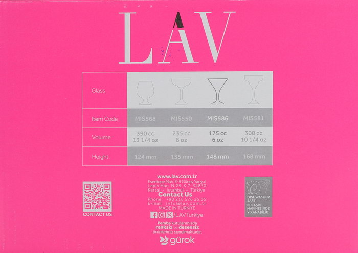 LAV Set de 6 Copas de Cóctel Misket, 175 cc/6 oz, Cristal - Dimensiones: 33 cm largo x 22.3 cm ancho x 15.7 cm alto (4 Cajas)