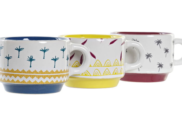 DKD Home Decor Set de 6 Tazas de Gres Colección Africa Turquesa Azul Amarillo 12 x 7 x 24 cm Capacidad 90 ml Apto Microondas Lavavajillas