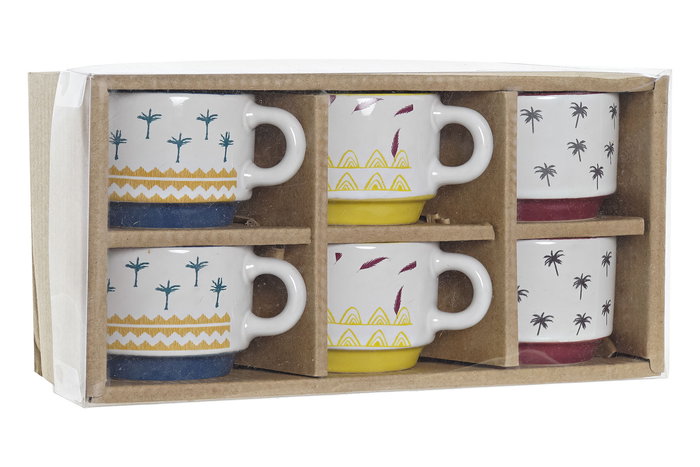 DKD Home Decor Set de 6 Tazas de Gres Colección Africa Turquesa Azul Amarillo 12 x 7 x 24 cm Capacidad 90 ml Apto Microondas Lavavajillas