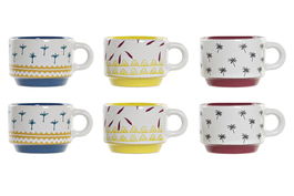 DKD Home Decor Set de 6 Tazas de Gres Colección Africa Turquesa Azul Amarillo 12 x 7 x 24 cm Capacidad 90 ml Apto Microondas Lavavajillas