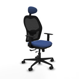 Silla de oficina Jorquera con mecanismo Sincro/Traslack tapizada con Tela color Azul marino y malla color Negro. Equipada con lumbar 1D, Brazos 1D, Cabecero Fijo y Ruedas 65mm nailon