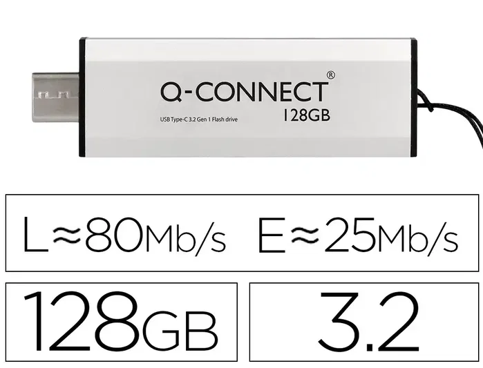 Q-connect Memoria USB 128 GB 3.2 Tipo C Flash Drive Plateado Q-connect Memoria USB 128 GB 3.2 Tipo C Flash Drive Plateado