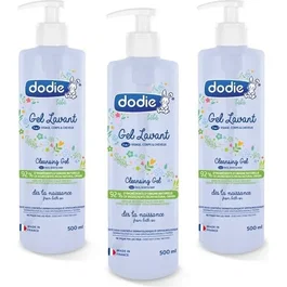 DODIE Gel de Lavado 3 en 1 para Bebé, Cara, Cuerpo y Cabello, 500 ml x 3 Botellas, 92% Ingredientes de Origen Natural, Suaviza y Limpia Suavemente la Piel Frágil