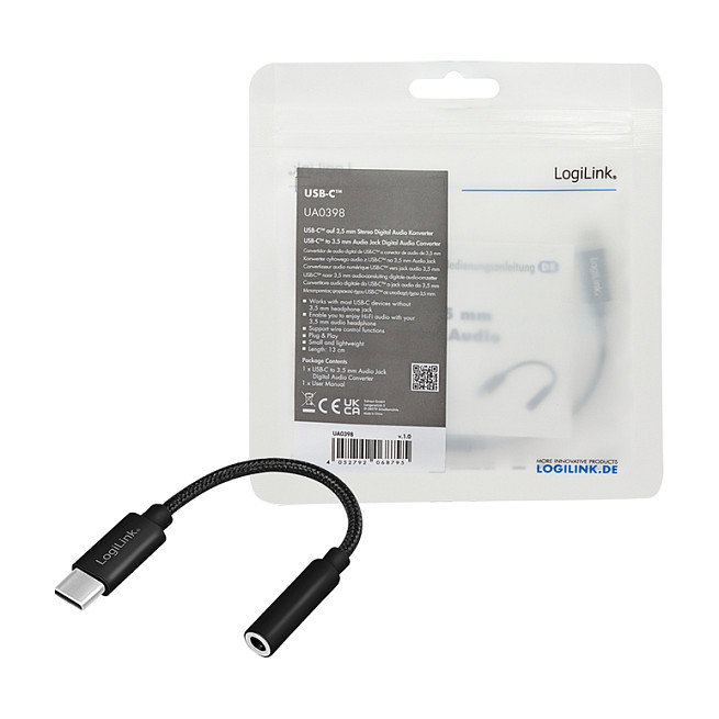 LOGILINK Adaptador de Audio USB-C a Jack 3,5 mm TRRS, 0,13 m, Negro