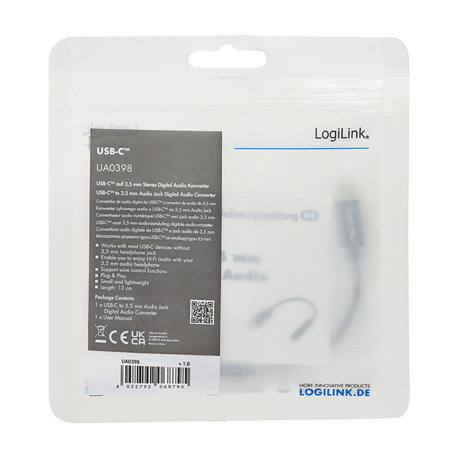 LOGILINK Adaptador de Audio USB-C a Jack 3,5 mm TRRS, 0,13 m, Negro