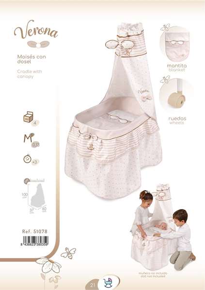 Decuevas Moisés Verona para Muñecas hasta 60 cm, Cuna de Juguete con Estructura de Metal, 37x60x100 cm