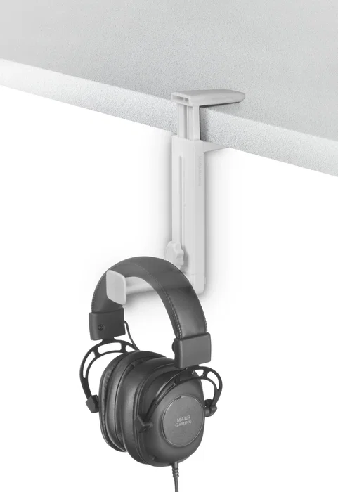 Mars Gaming MHH2W Soporte para Auriculares Universal 2 en 1, Dual Gancho/Soporte, Pinza Ajustable, Rotación 360°, Gestiona Cables, Peso Máx. 1 kg, Color Blanco