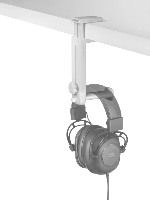 Mars Gaming MHH2W Soporte para Auriculares Universal 2 en 1, Dual Gancho/Soporte, Pinza Ajustable, Rotación 360°, Gestiona Cables, Peso Máx. 1 kg, Color Blanco