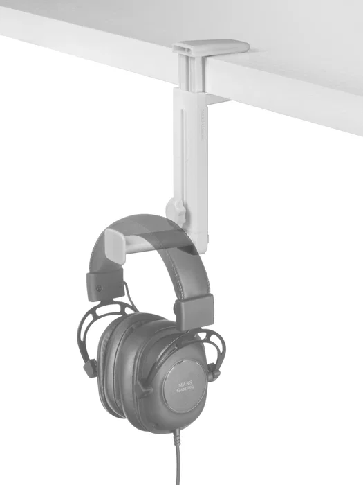 Mars Gaming MHH2W Soporte para Auriculares Universal 2 en 1, Dual Gancho/Soporte, Pinza Ajustable, Rotación 360°, Gestiona Cables, Peso Máx. 1 kg, Color Blanco