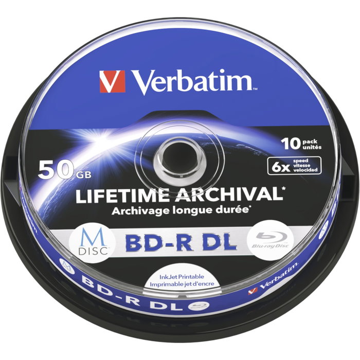 Verbatim M-Disc BD-R BluRay 50GB 6x Speed Cakebox Imprimible (10 unidades) Verbatim M-Disc BD-R BluRay 50GB 6x Speed Cakebox Imprimible (10 unidades)