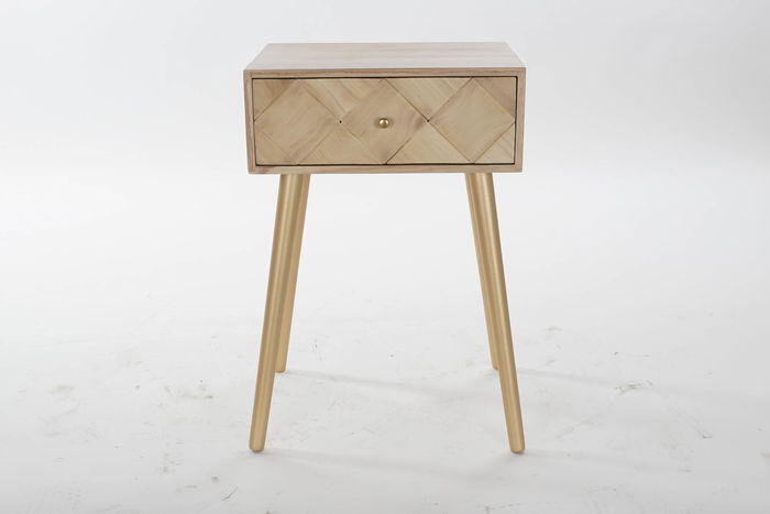 DKD Home Decor Mesita Auxiliar Rombo Moderno Pino y Metal Marron Claro Dorado 45 x 34 x 67 cm