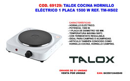 TALOX Hornillo Eléctrico TM-HS02 de 1 Placa 1.500 W