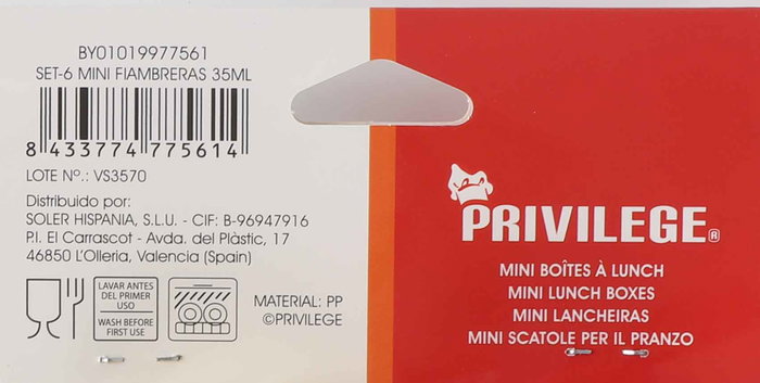 Privilege Set 6 Mini Fiambreras 35ml con Tapa, 4.5 cm x 3.4 cm x 4.5 cm (24 Unidades)