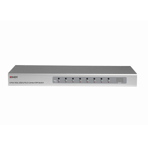 LINDY 39526 Switch KVM, 8 Puertos VGA (D-Sub), Full HD 2048x1536, Montaje en Rack 1U, Metal Plata, Cascada, Fuente 9V Incluida