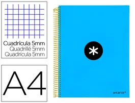 Antartik Cuaderno espiral A4 micro 120 hojas 90 gr cuadro 5mm 5 bandas color azul